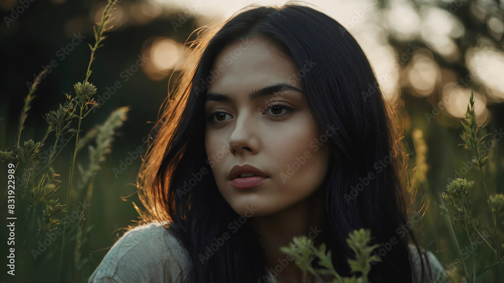 Serene portrait of a beautiful woman in a field of wildflowers Serene portrait of a beautiful woman in a field of wildflowers