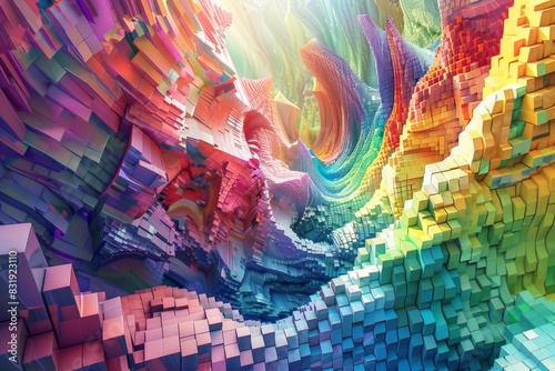 Craft a kaleidoscopic world using CG 3D techniques, showcasing surreal landscapes with rainbow-colored hues and geometric symmetry photo