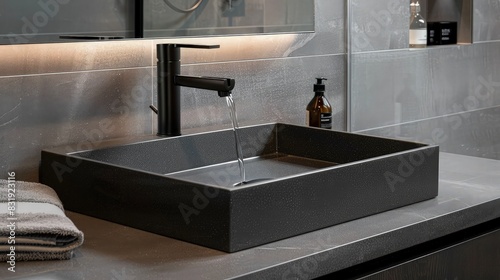A contemporary bathroom featuring a matte black water tap and a rectangular undermount sink in a sleek quartz countertop, with monochromatic gray tiles providing a modern, sophisticated look.