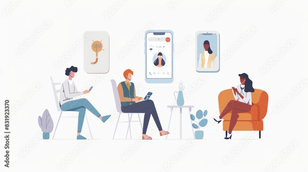 Obraz premium Man consults doctor online via internet on tablet. Vector illustration