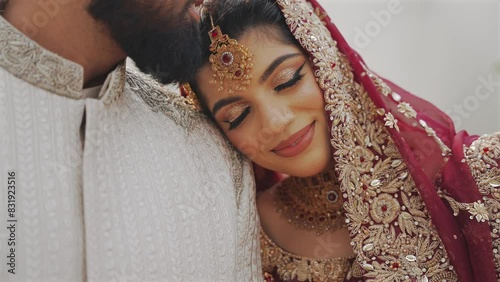 Groom tying cultural sacred thread on brides hand at a traditional Indian wedding. Indian wedding ritual photo