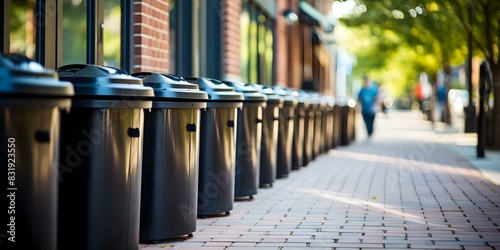 Row of contemporary recycling bins on city sidewalk. Concept Recycling Bins, City Sidewalk, Contemporary Design, Urban Environment, Environmental Conservation photo