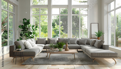 Interior of light living room with grey sofas, coffee table and