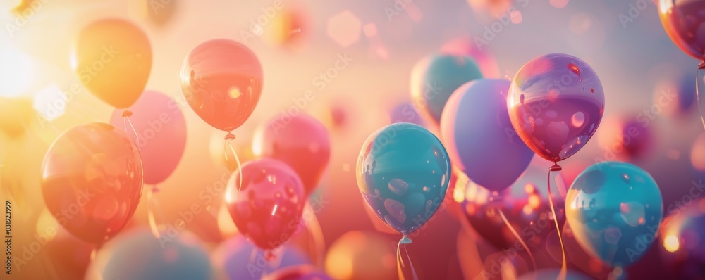 Illustrate a whimsical scene of festive balloons from a side view Illustrate a whimsical scene of festive balloons from a side view
