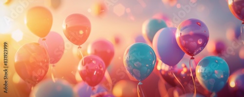 Illustrate a whimsical scene of festive balloons from a side view photo