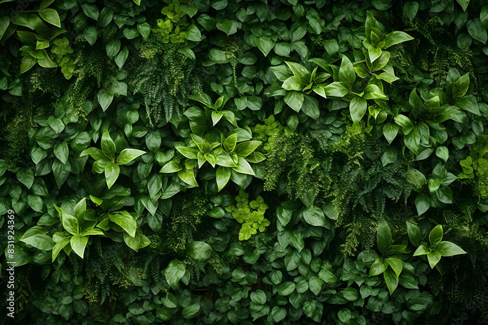 Obraz premium A dense, lush green foliage background with dark and moody lighting. The leaves create an intricate pattern of textures and shapes, creating depth in the visual composition.