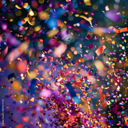 Capture the excitement and energy of a festive celebration with a long shot of a vibrant party popper exploding in a cascade of colorful confetti and shimmering streamers Emphasize