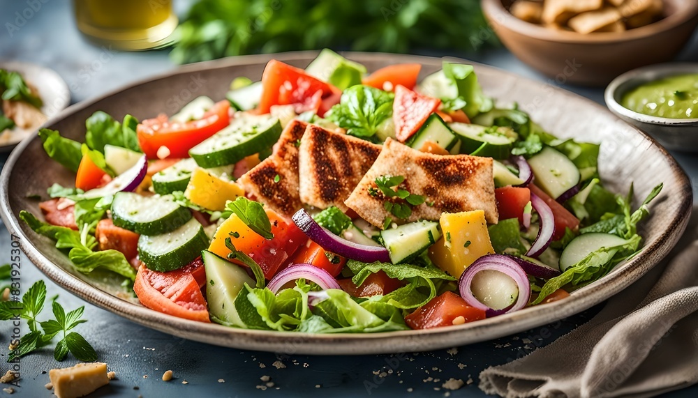 Traditional Arabic fattoush salad on a plate. Vegetarian fattoush salad lunch. middle eastern dish pita bread, vegetables, herbs, olive oil, and a dressing made with lemon and sumac.
