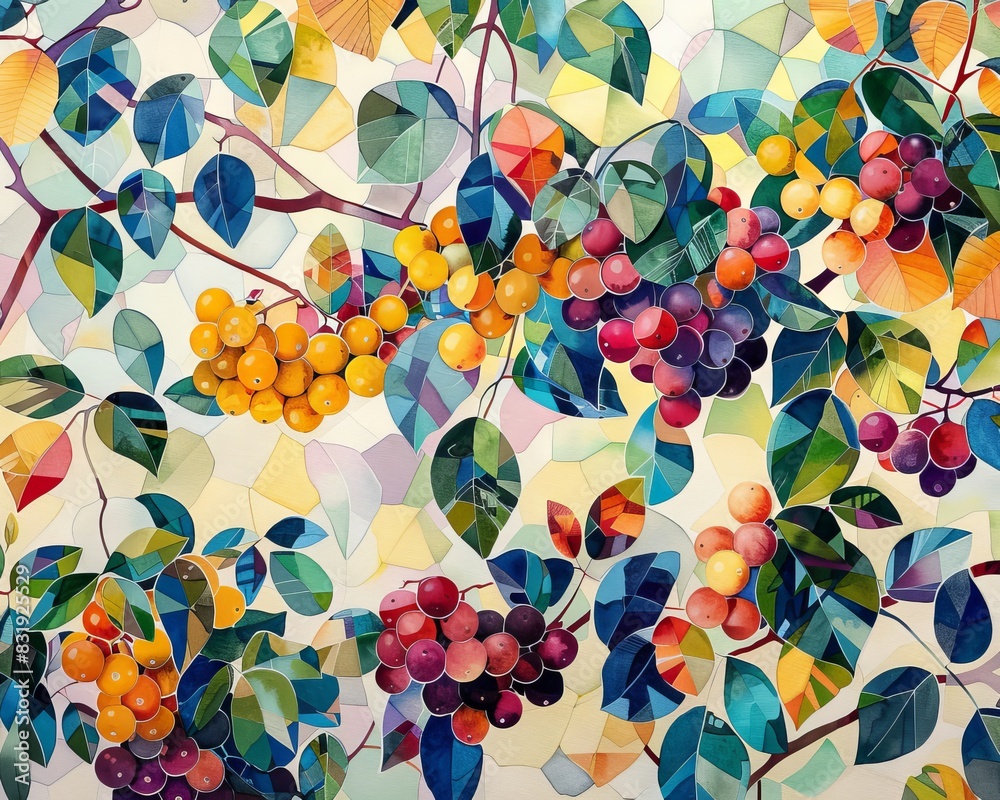 A whimsical garden filled with interconnecting vines and branches, each bearing colorful, geometric fruits, rendered in a vibrant, detailed watercolor style A whimsical garden filled with interconnecting vines and branches, each bearing colorful, geometric fruits, rendered in a vibrant, detailed watercolor style