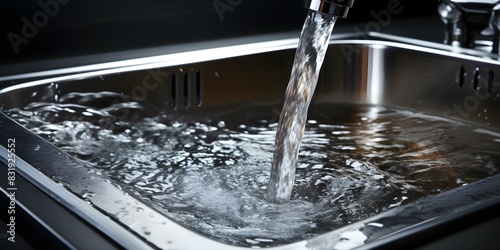 Water flowing into a sink. Concept Household, Plumbing, Drainage, Water Conservation, Cleaning photo