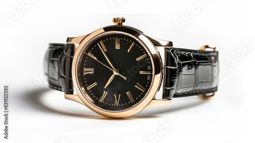 An elegant watch set apart against a white backdrop. using a clipping path. A black and gold watch. A man's watch.