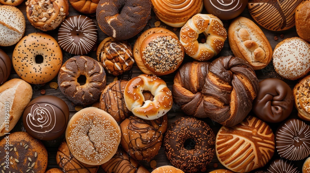 A composition of bread and various buns, donuts, cupcakes. View from above. A composition of bread and various buns, donuts, cupcakes. View from above.