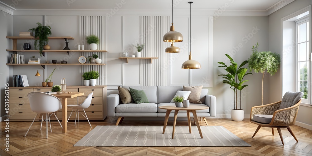 The interior design of a living room in Scandinavian style, bright and light interior of a modern house with high ceilings, stylish furniture and decorative plants