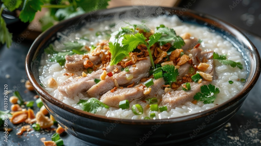 A bowl of steaming hot rice porridge with tender pork slices and crispy fried garlic, garnished with fresh cilantro and spring onions