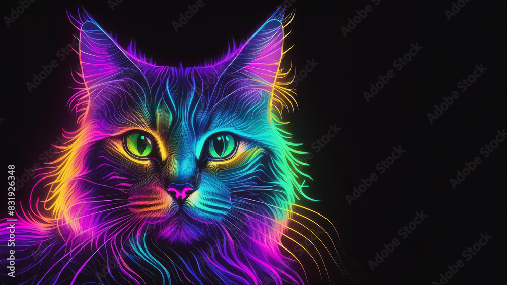Glowing neon rainbow cat line design on black background Glowing neon rainbow cat line design on black background