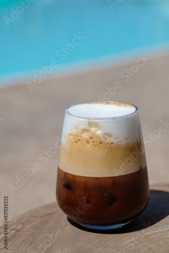 View of a delicious iced greek coffee, also known as freddo cappuccino in Ios Greece