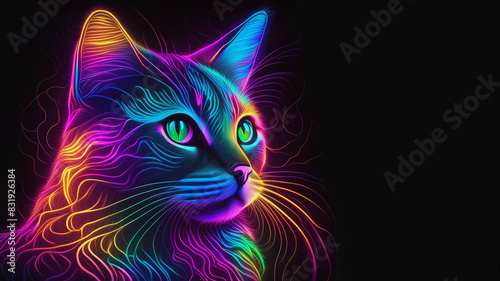 Glowing neon rainbow cat line design on black background
