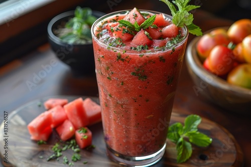 Wallpaper Mural Watermelon Smoothie - Bright red with watermelon chunks and a sprig of mint.  Torontodigital.ca