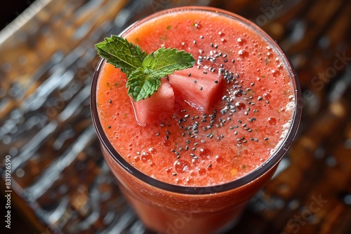 Watermelon Smoothie - Bright red with watermelon chunks and a sprig of mint.  photo