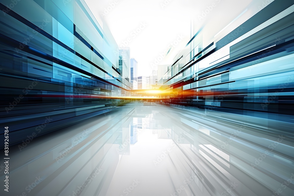 Abstract background of futuristic technology, white and blue colors, with light rays, light speed effects, geometric shapes, white floor, with modern buildings in the distance, in the style of hyper r Abstract background of futuristic technology, white and blue colors, with light rays, light speed effects, geometric shapes, white floor, with modern buildings in the distance, in the style of hyper r
