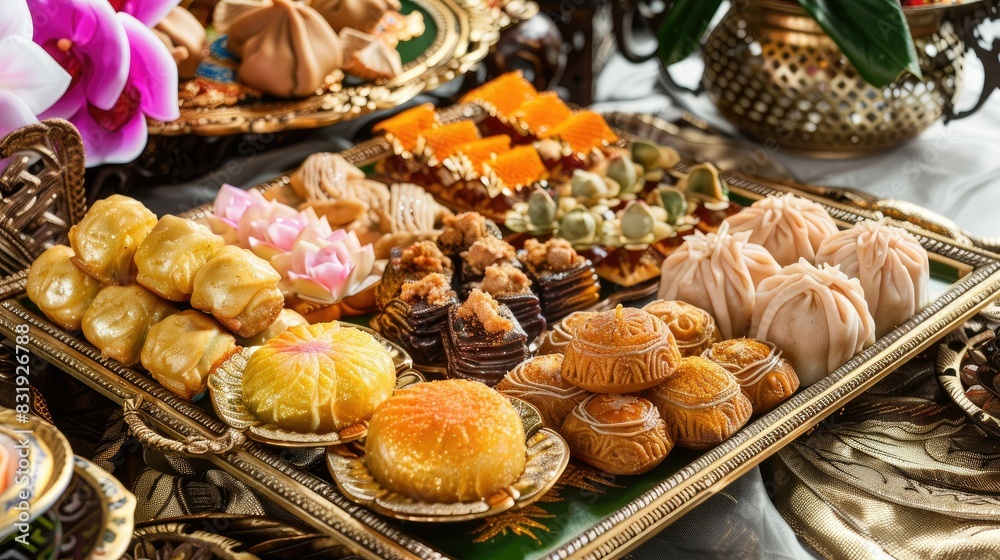 A decorative tray filled with Thong Yip and Thong Yod highlighting the rich, golden colors of these traditional treats A decorative tray filled with Thong Yip and Thong Yod highlighting the rich, golden colors of these traditional treats