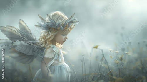 A dreamy image of a little blonde girl wearing a golden crown and soft grey butterfly feathers, walking through a misty morning in a peaceful meadow.