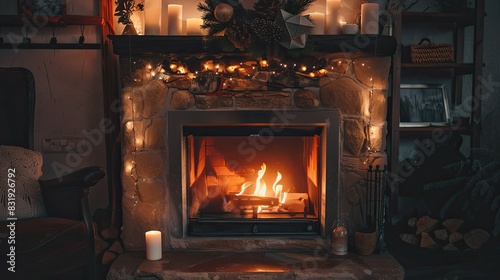 A cozy fireplace adorned with flickering orange flames, creating a serene and inviting atmosphere