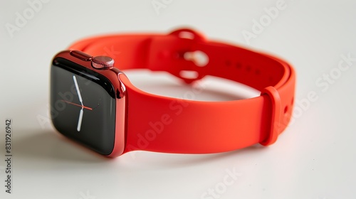 Red smart watch close-up on a white background.