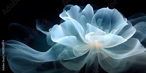 Abstract white flower glowing with blue light on black background, elegant flower in the air with long wavy flowing petals, transparent smoke or fog, glowing flower with yellow center, 