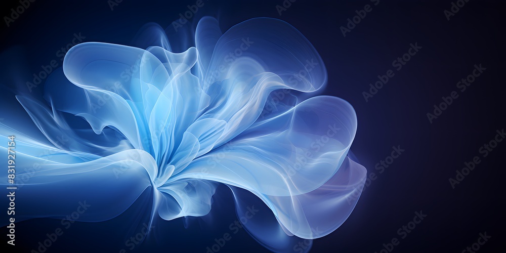 Abstract white flower glowing with blue light on black background, elegant flower in the air with long wavy flowing petals, transparent smoke or fog, glowing flower with yellow center, 