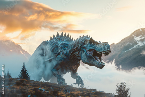 Generative ai on theme of big scary hungry dinosaur with kind eyes and sharp teeth destroying park © oleg525