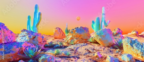 Design a celestial desert oasis, featuring holographic cacti and surreal rock formations, in a dreamlike, surrealistic style