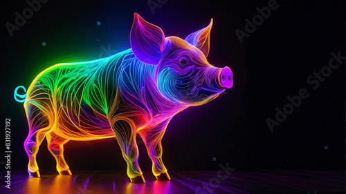 Glowing neon rainbow pig on black background