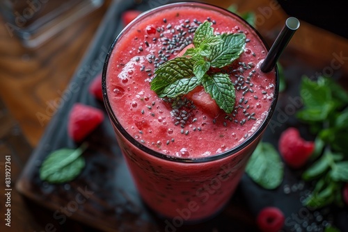 Wallpaper Mural Watermelon Smoothie - Bright red with watermelon chunks and a sprig of mint.  Torontodigital.ca