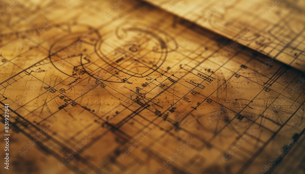 Close-up of a detailed blueprint, photorealistic, high-definition, technical drawing with precise measurements and notes, soft ambient light, slight sepia tone for a vintage effect Close-up of a detailed blueprint, photorealistic, high-definition, technical drawing with precise measurements and notes, soft ambient light, slight sepia tone for a vintage effect
