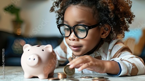 A young saver adding coins to their piggy bank, instilling the habit of saving and financial planning early on photo