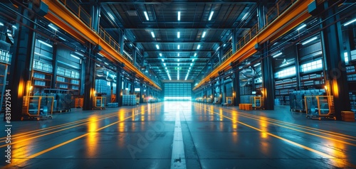 Wide view of an illuminated modern warehouse interior with advanced industrial equipment and vibrant lighting for storage and logistics.