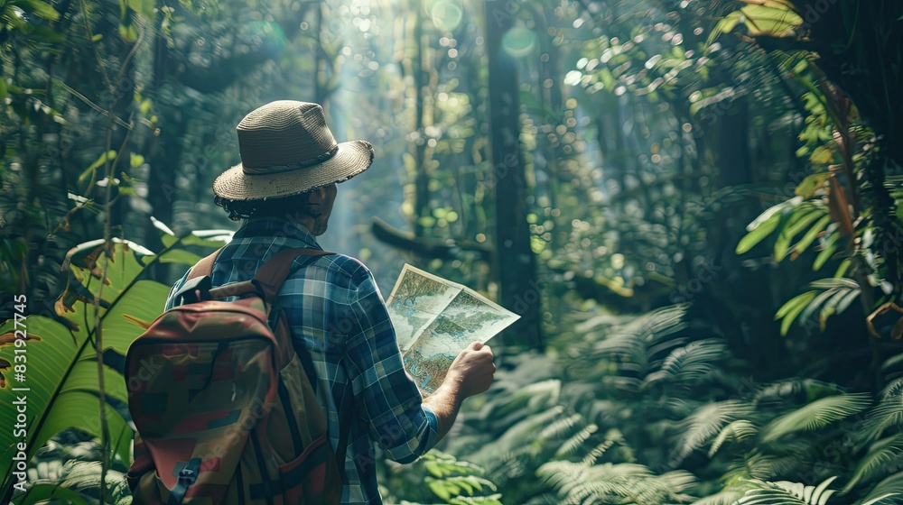 Adventurous traveler with a map, standing at a crossroads in a lush forest, deciding which path to take Adventurous traveler with a map, standing at a crossroads in a lush forest, deciding which path to take