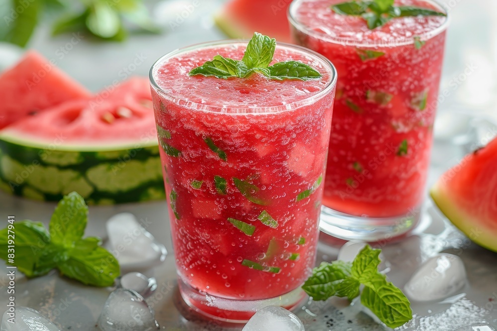 Watermelon Smoothie - Bright red with watermelon chunks and a sprig of mint. Watermelon Smoothie - Bright red with watermelon chunks and a sprig of mint.