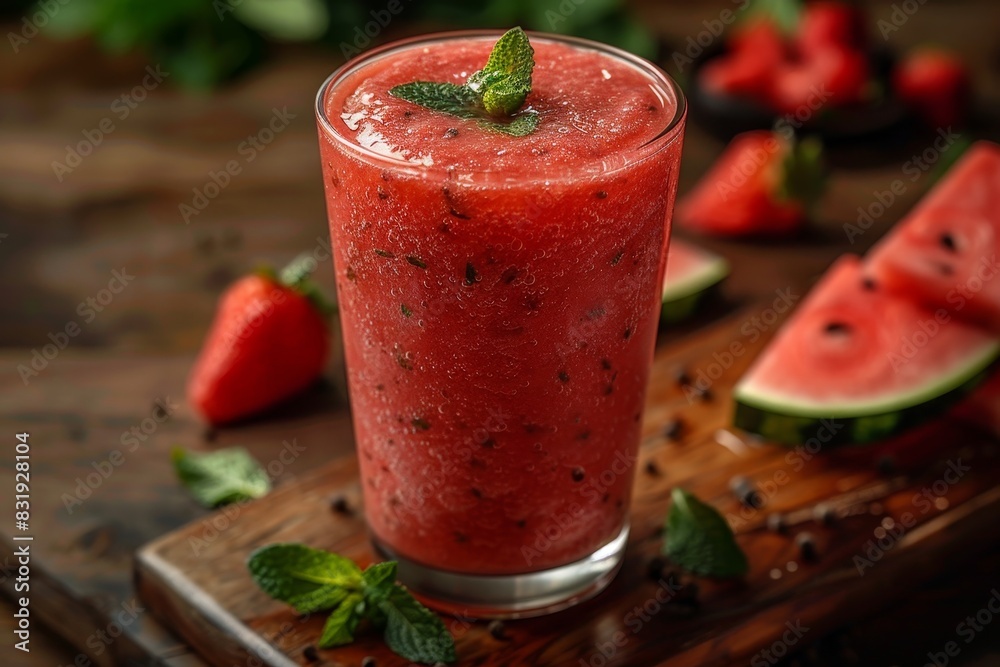 Watermelon Smoothie - Bright red with watermelon chunks and a sprig of mint. Watermelon Smoothie - Bright red with watermelon chunks and a sprig of mint.