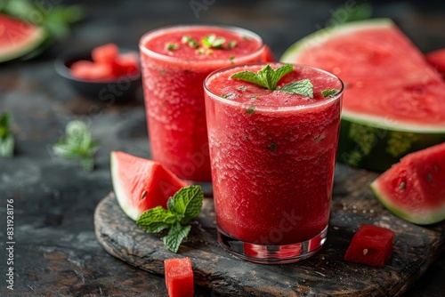 Watermelon Smoothie - Bright red with watermelon chunks and a sprig of mint. 