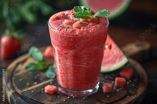 Watermelon Smoothie - Bright red with watermelon chunks and a sprig of mint.  photo