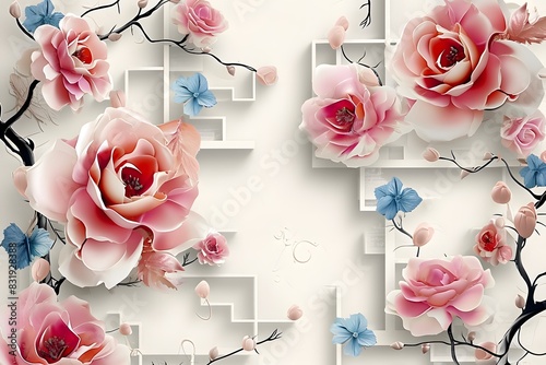 3d wallpaper with pink and blue flowers, dark green leaves, white background, beautiful digital art illustration of pink peonies, dahlia swirls, swirl pattern on the wall, blue purple roses, swirl.