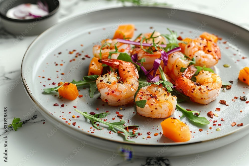 A plate of shrimp and vegetables with a sprinkle of red pepper flakes