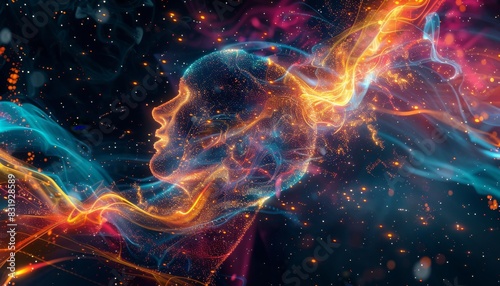 Capture the concept of Neural Synchronization in a dynamic, digital artwork that conveys connectivity and harmony among brain cells Include vibrant colors and futuristic elements photo