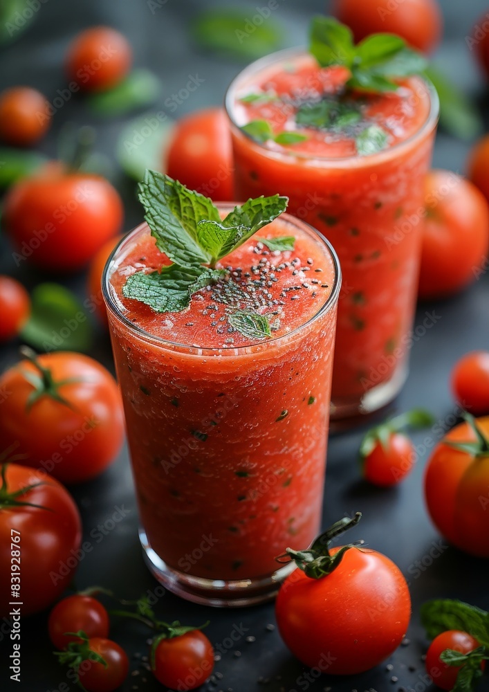 Watermelon Smoothie - Bright red with watermelon chunks and a sprig of mint. Watermelon Smoothie - Bright red with watermelon chunks and a sprig of mint.