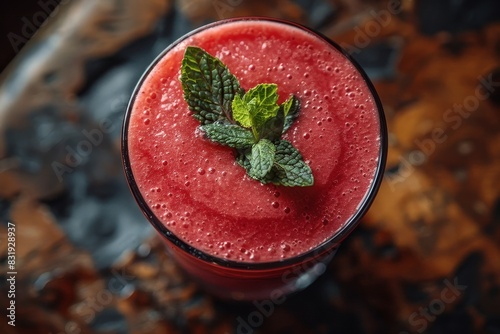 Watermelon Smoothie - Bright red with watermelon chunks and a sprig of mint.  photo