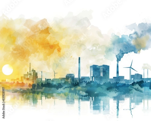 A watercolor illustration capturing the essence of an eco-friendly manufacturing plant