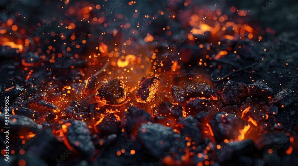 Close-up of glowing embers in a campfire, emitting a mesmerizing orange hue against the dark backdrop Close-up of glowing embers in a campfire, emitting a mesmerizing orange hue against the dark backdrop
