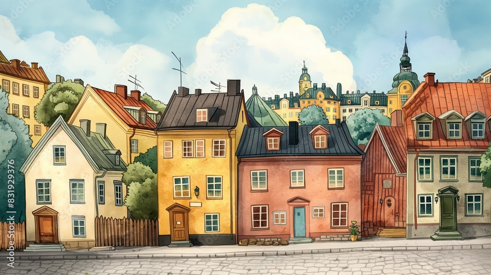 Cute seamless old town pattern. Watercolor illustration. Cute watercolor houses, European streets